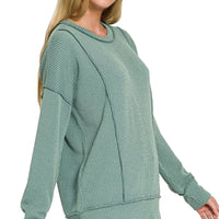 Jade corded rib long-sleeve top with crew round neck, relaxed fit, ribbed cuffs