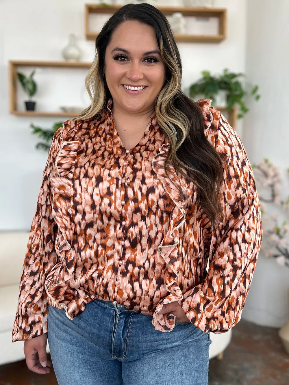 Caramel printed ruffle-trim balloon-sleeve tunic shirt with V-neck and button placket
