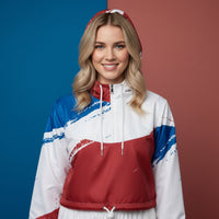 Red Blue And White Windbreaker | Women's Cropped Pullover Hooded Jacket