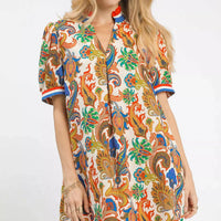 Blue mix abstract print mini dress with short sleeves and button-front