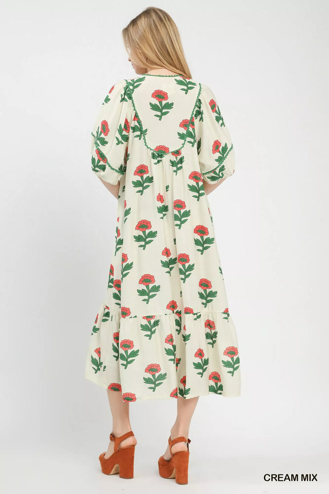Cream floral midi dress back view with gathered yoke and tiered shoulder ruffles