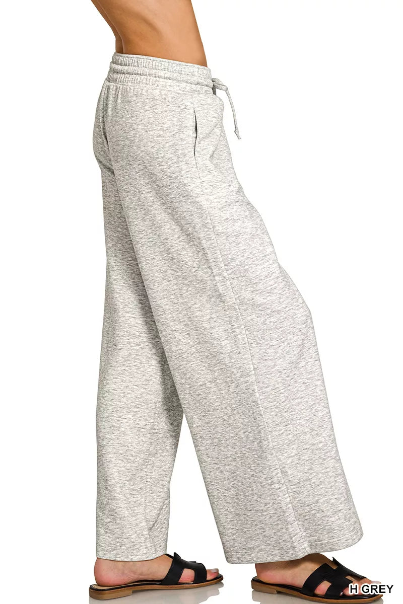 Heather grey drawstring wide-leg pants with side pockets and elastic waistband