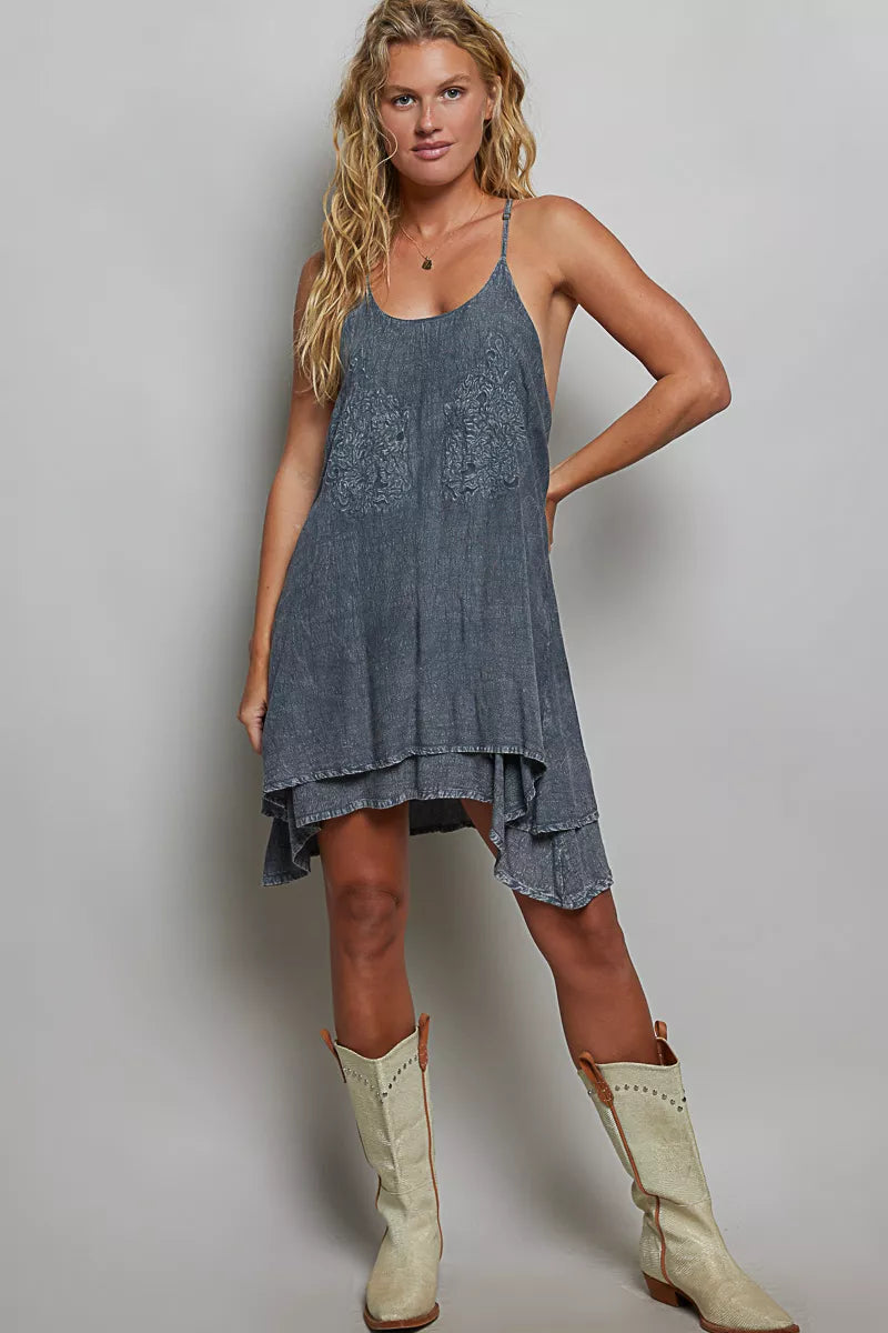 Embroidered mini dress, dark blue-gray, sleeveless spaghetti straps, high-low hem