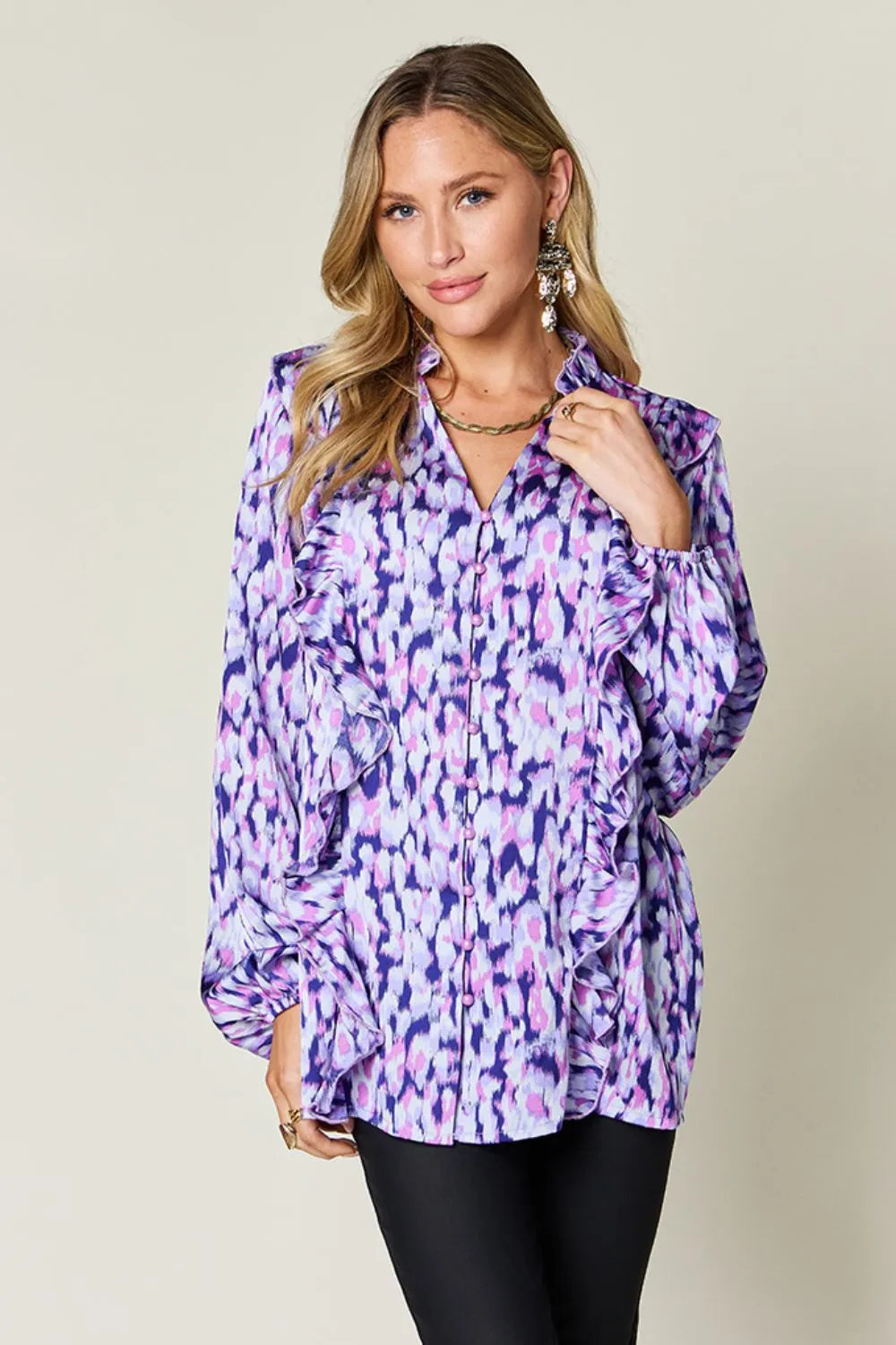 Blue purple printed plus size blouse with ruffle-trim balloon sleeves and V-neck