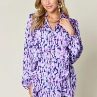 Blue purple printed plus size blouse with ruffle-trim balloon sleeves and V-neck