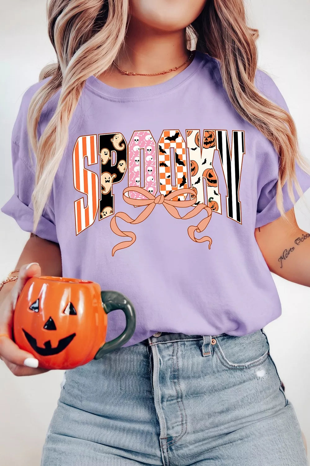 Lavender purple crew-neck T-shirt with Halloween letter graphic