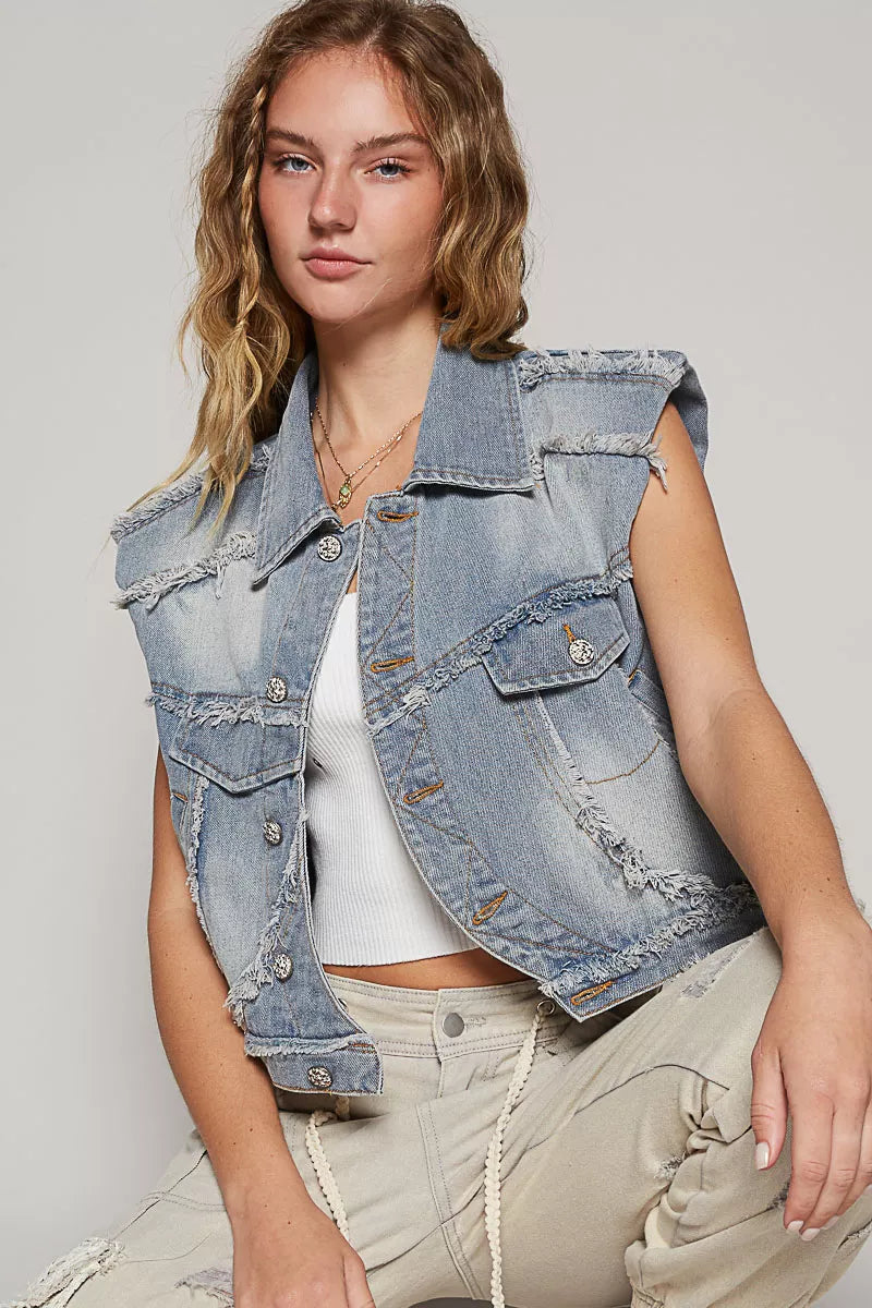 Light wash denim vest with asymmetrical button front, distressed patches, flap pockets
