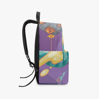 Kids canvas backpack front view with purple space print and astronaut, black top handle