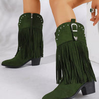 Green fringe round-toe block-heel boots with studded cuff and side zipper