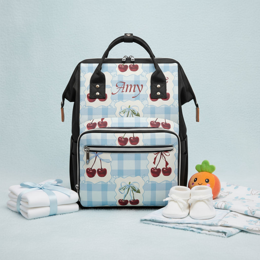Blue Diaper Bag Backpack | Personalized Gingham & Cherry Print
