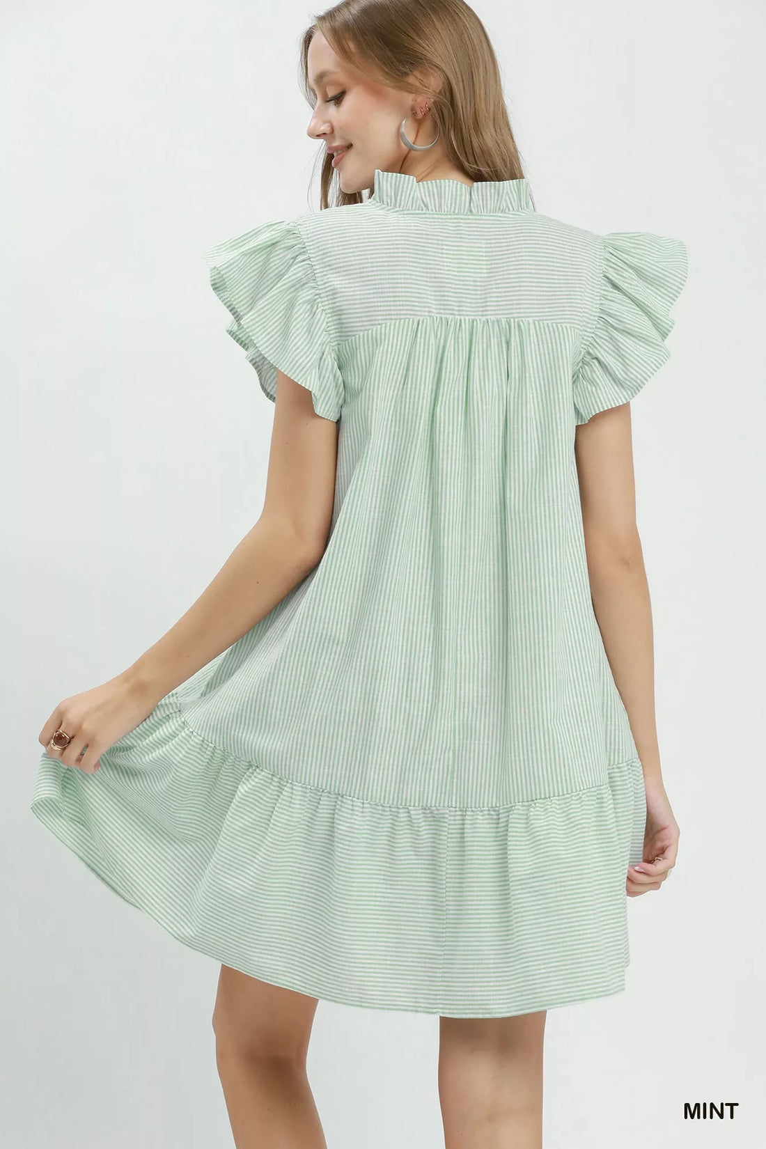 Mint striped smocked yoke ruffle dress with tiered back hem and flutter sleeves