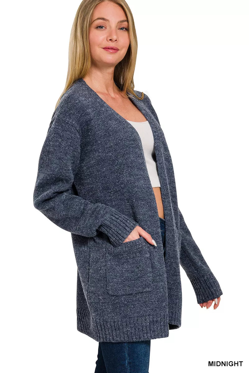 Midnight open-front knit cardigan with long sleeves and a front pocket