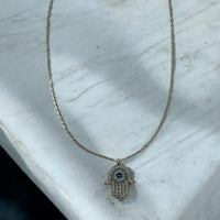 Silver chain necklace with Hamsa hand evil eye pendant, turquoise blue eye