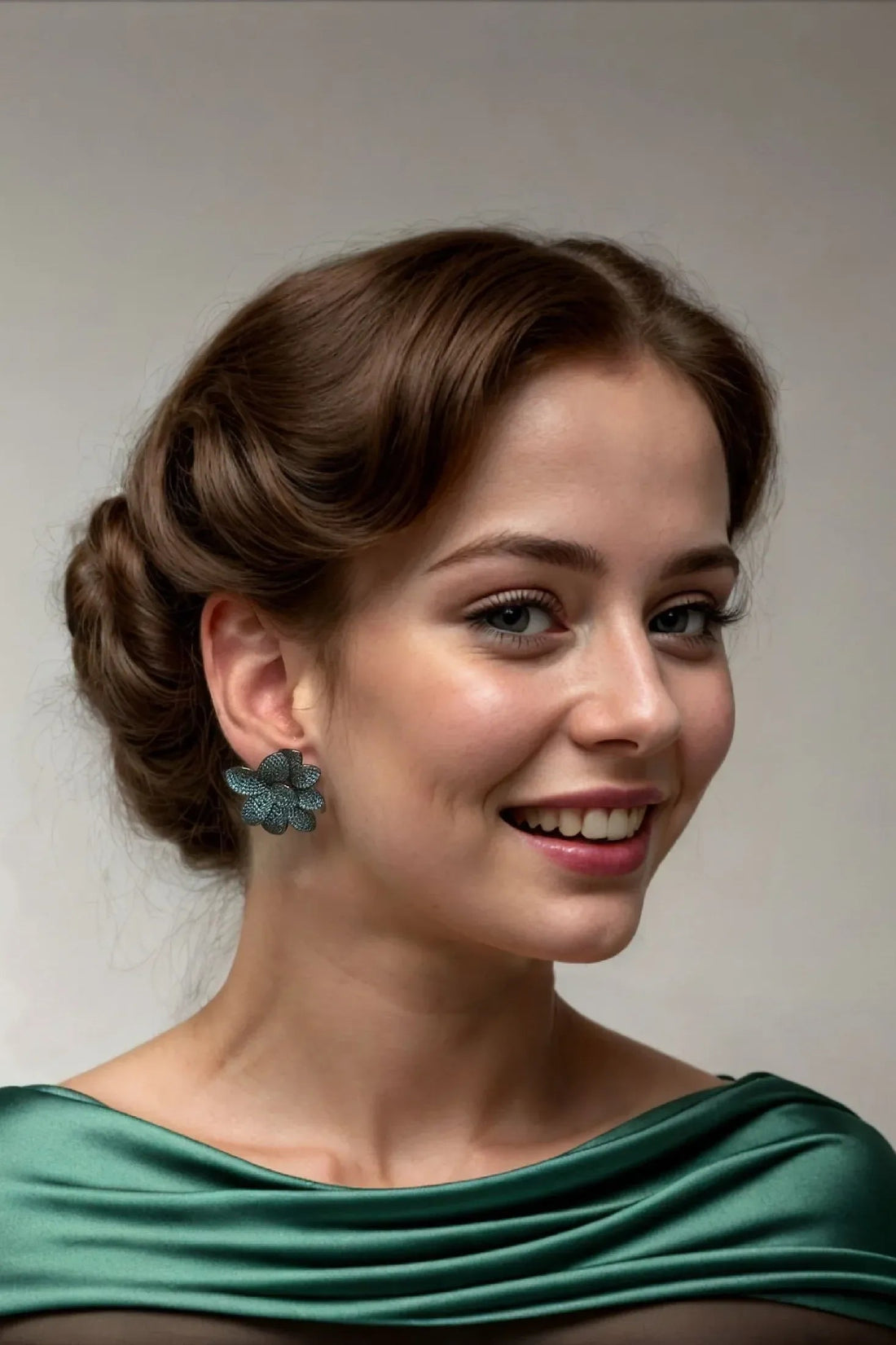 Aqua flower stud earrings on silver-tone posts, worn with an updo hairstyle