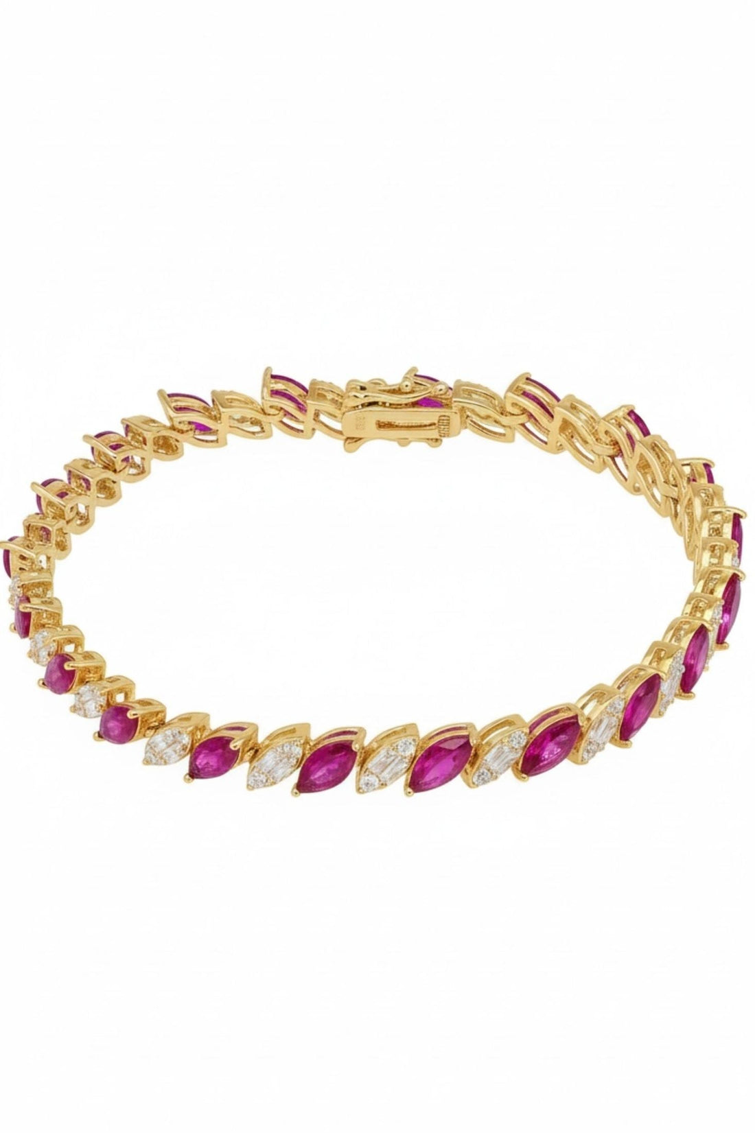 Gold tennis bracelet with oval ruby-red stones in a hinged link setting
