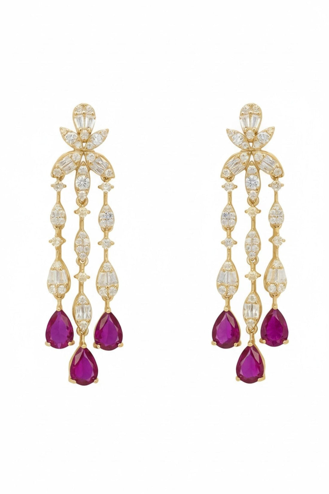 Gold drop earrings with floral crystal settings and dangling purple teardrop stones