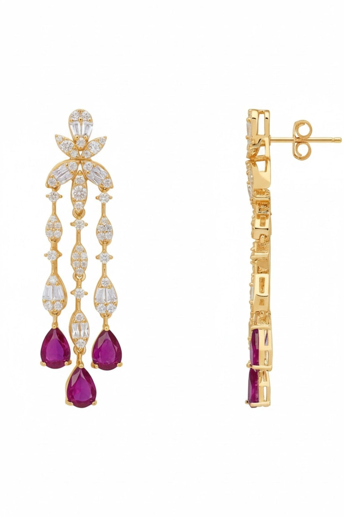 Gold drop earrings with hinged back, floral crystals, and purple teardrop dangles
