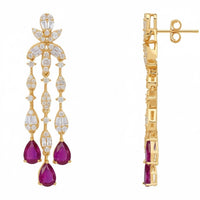 Gold drop earrings with hinged back, floral crystals, and purple teardrop dangles