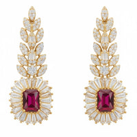 Gold-tone gemstone drop earrings with ruby-red center and crystal halo