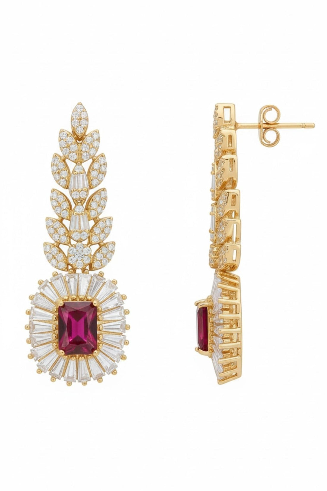 Gold-tone ruby-red gemstone drop earrings with crystal detailing, side view