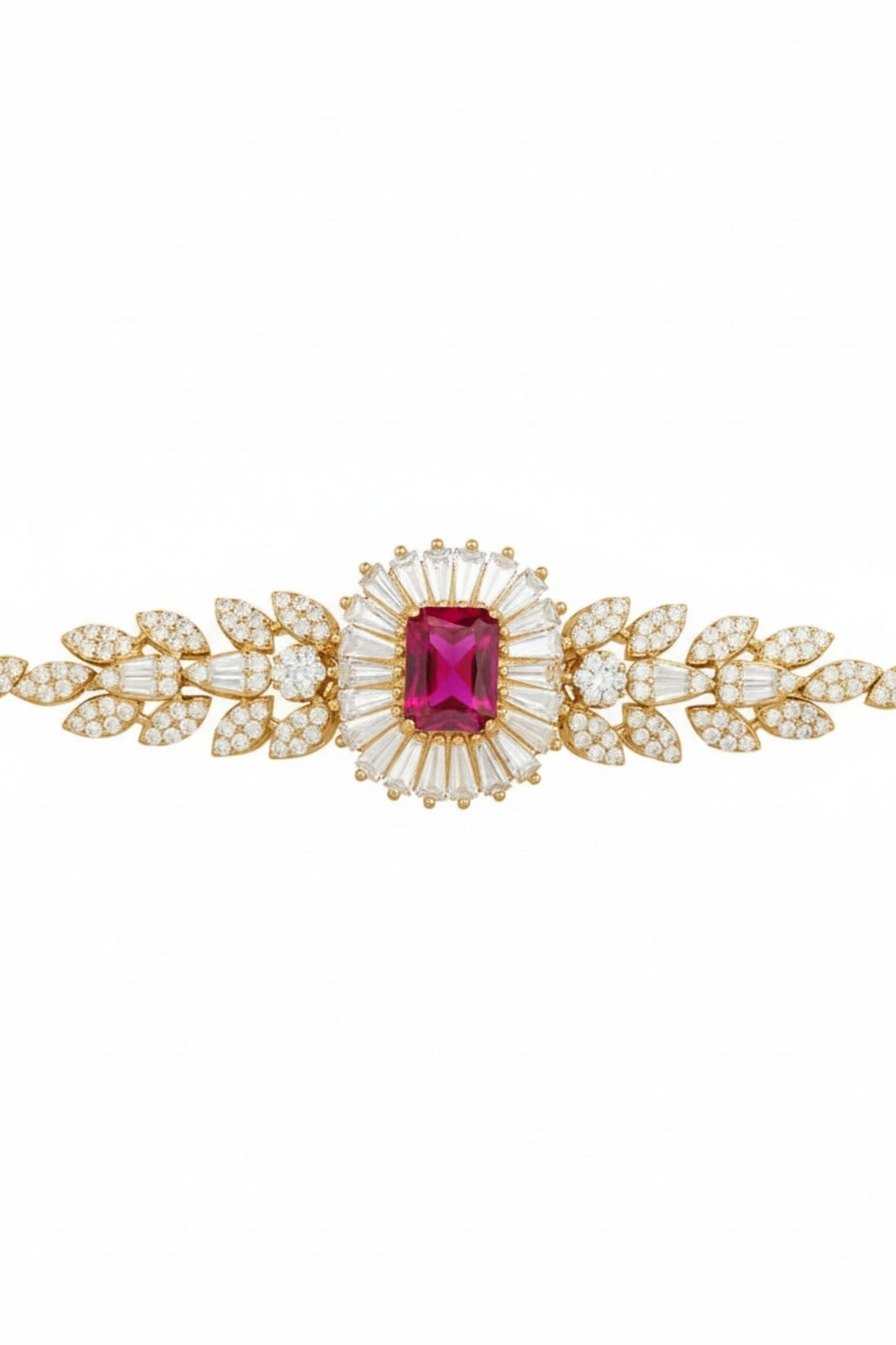 Gold bracelet with oval ruby center stone and leaf-shaped crystal links