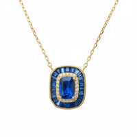 Gold pendant necklace with square sapphire blue gemstone and bezel frame