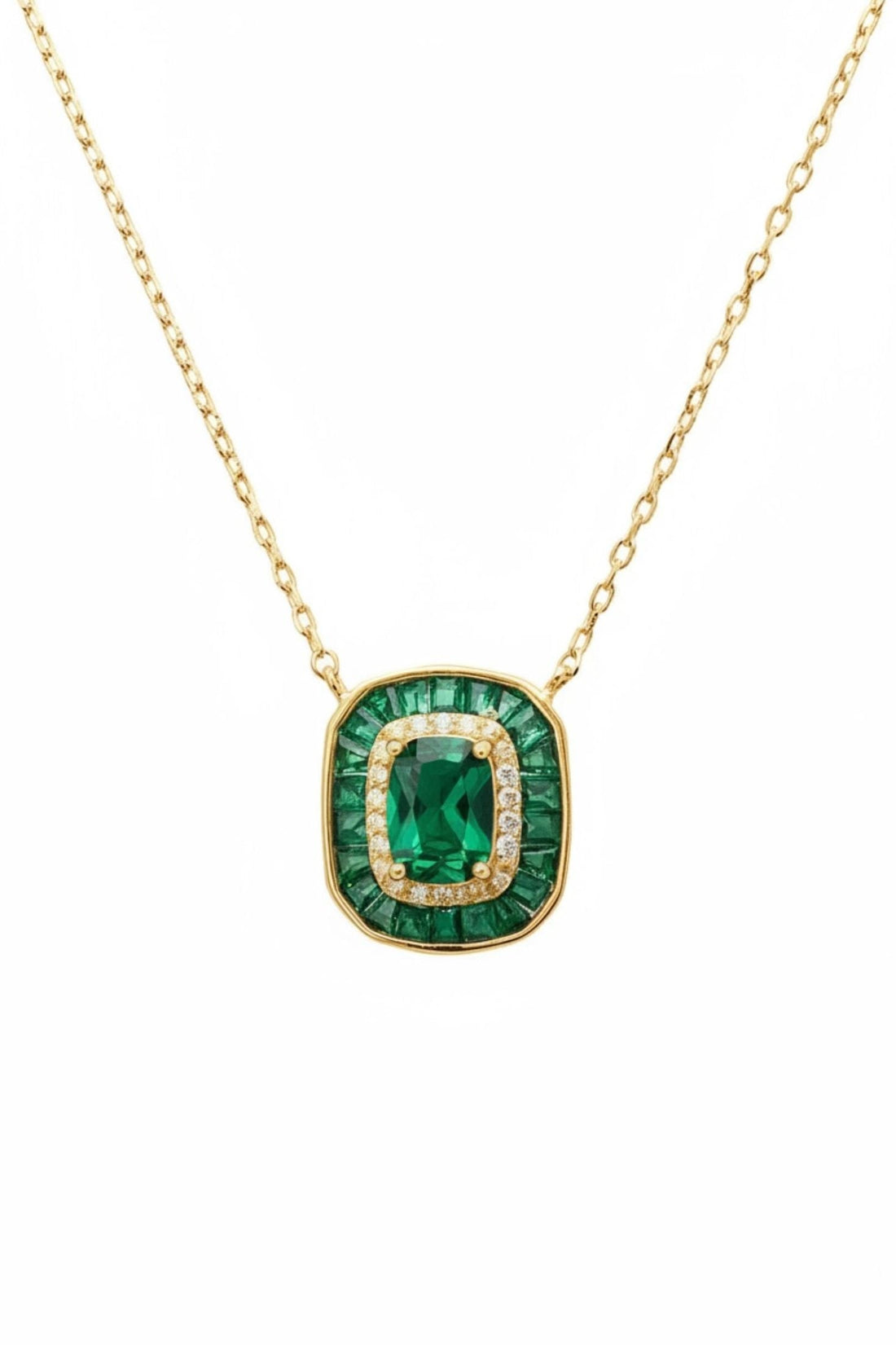 Gold pendant necklace with emerald green square stone and gold frame