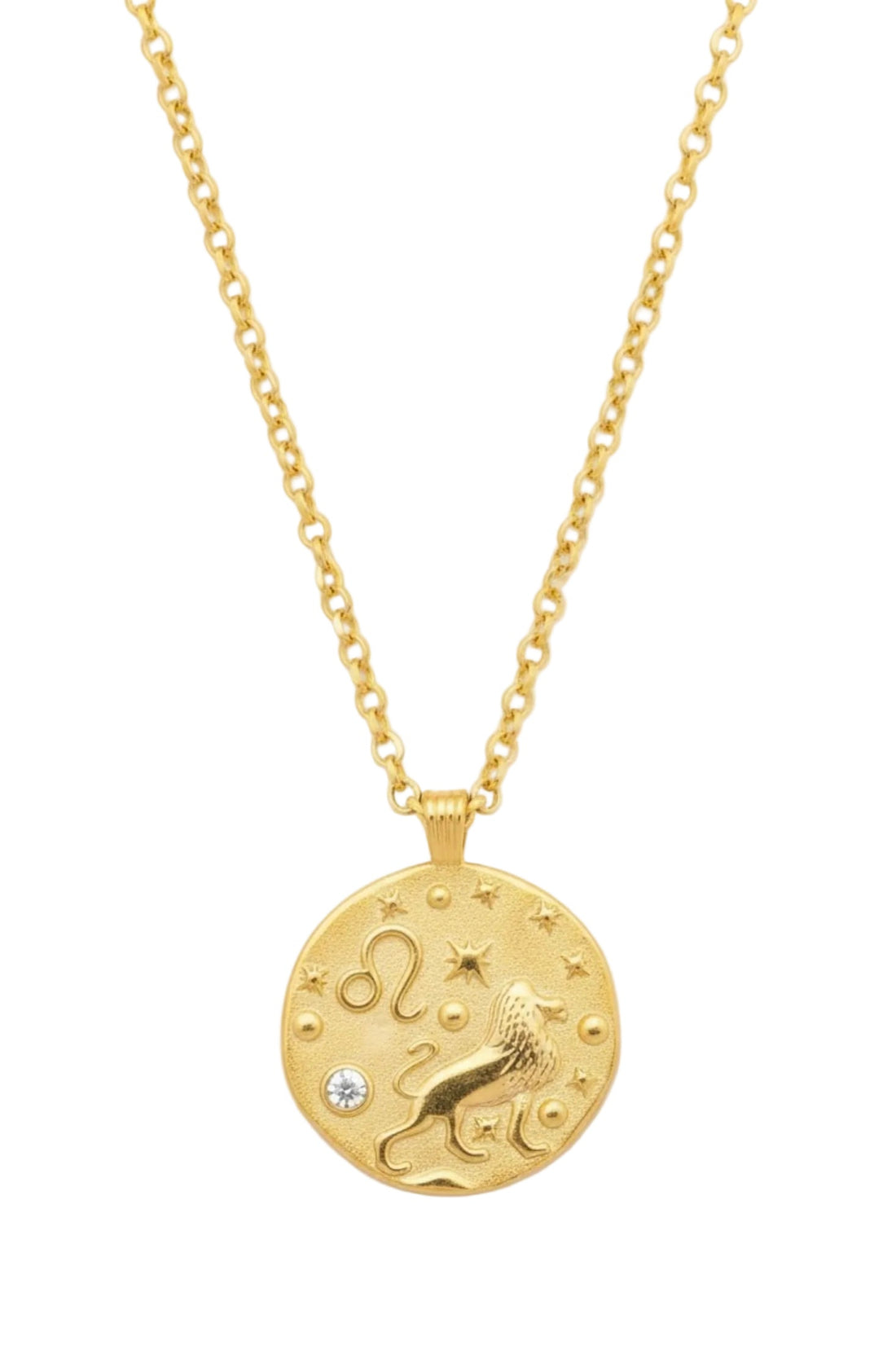 Gold-tone round Leo zodiac pendant necklace with star and lion details