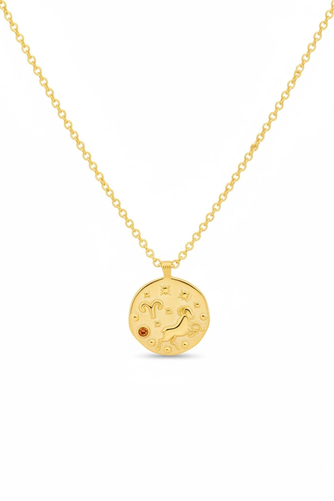 Gold zodiac birthstone talisman necklace with round Aries pendant and chain