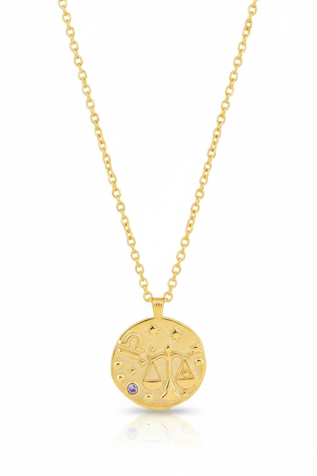 Gold zodiac talisman necklace with round Libra pendant and blue crystal, full view