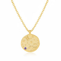 Gold zodiac talisman necklace with round pendant and blue birthstone