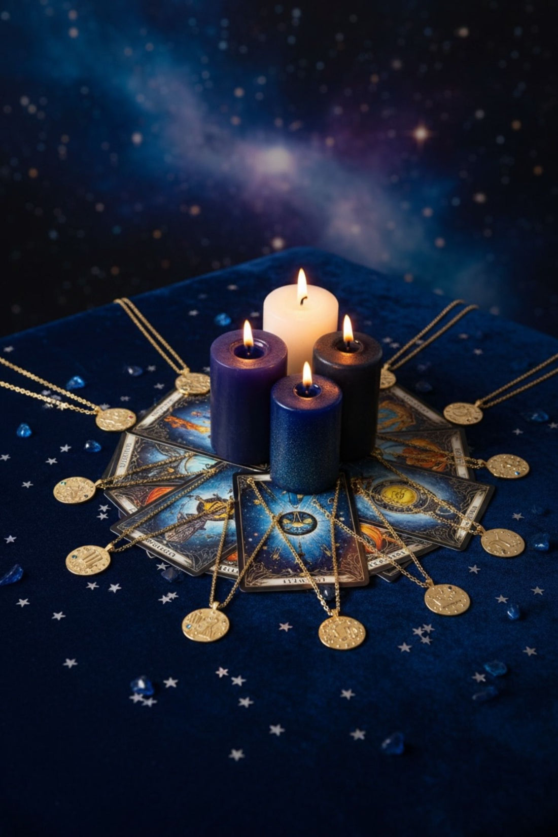 Gold zodiac talisman necklace with round Libra pendants and blue crystals on cards