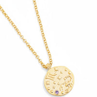 Gold round pendant necklace with zodiac design and blue birthstone charm