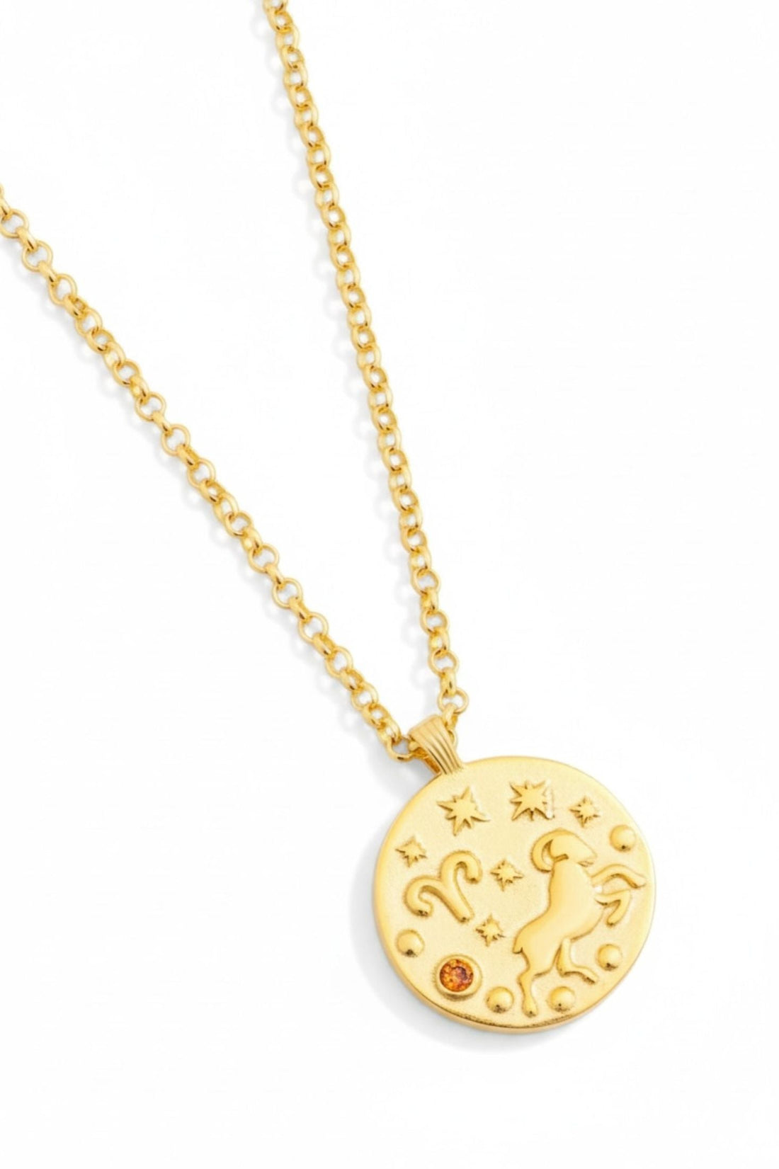 Round gold Aries pendant charm on fine gold chain