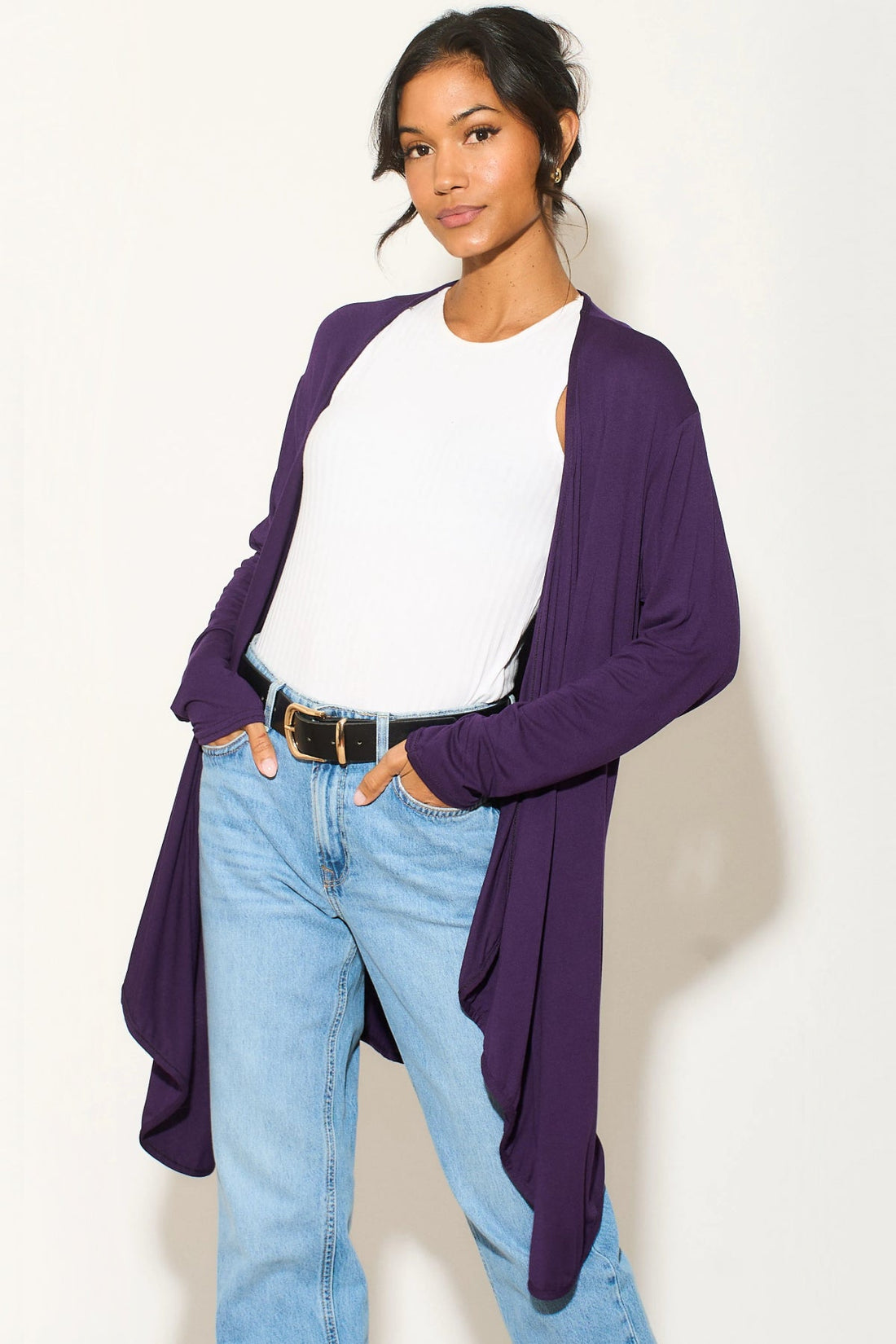 Purple waterfall cardigan with open front and long sleeves, draped hem
