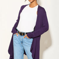 Purple waterfall cardigan with open front and long sleeves, draped hem
