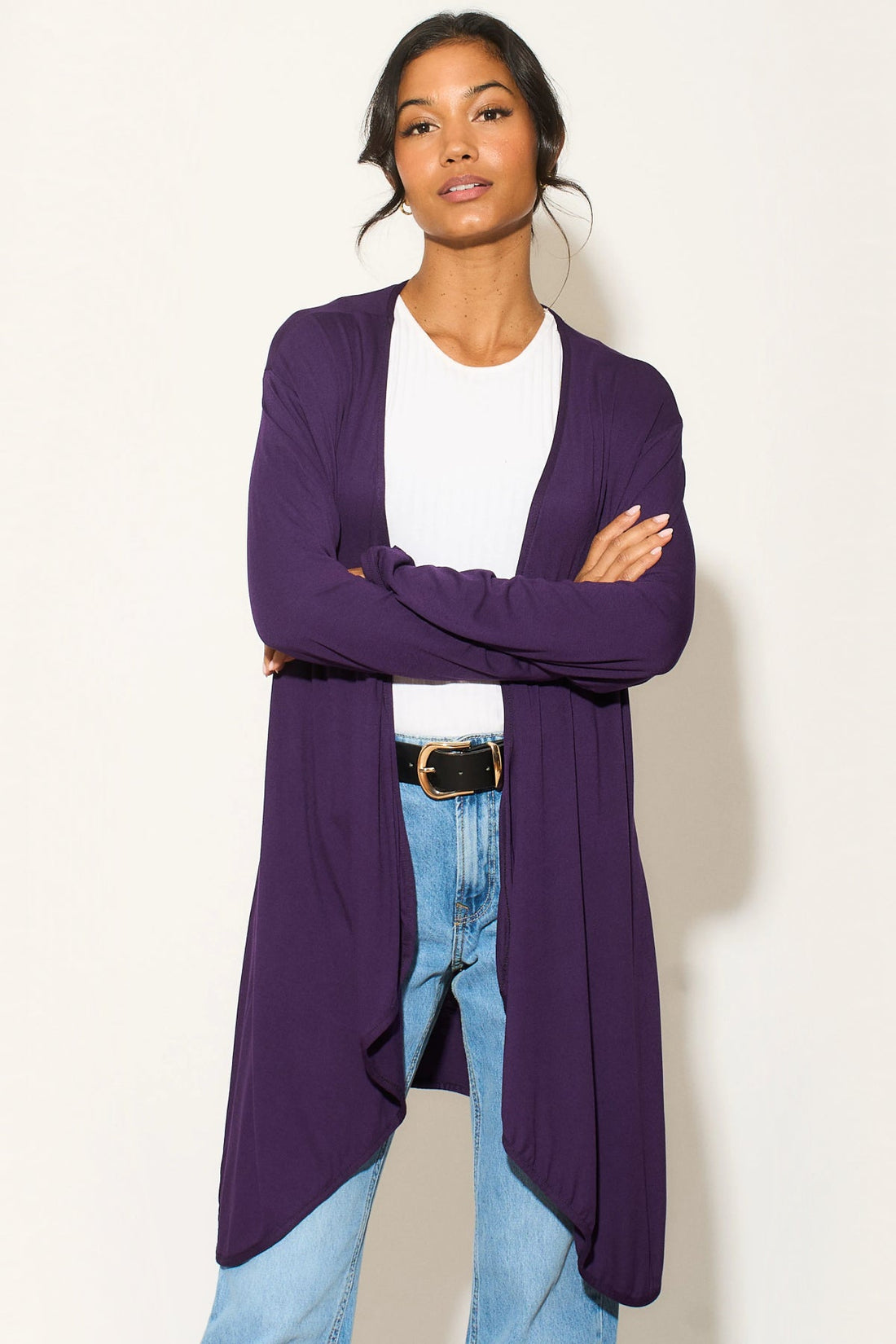 Purple long-sleeve waterfall cardigan with open front, relaxed drape