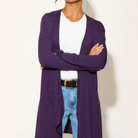 Purple long-sleeve waterfall cardigan with open front, relaxed drape