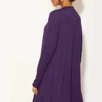 Purple waterfall cardigan, back/side view with long sleeves and flowing drape