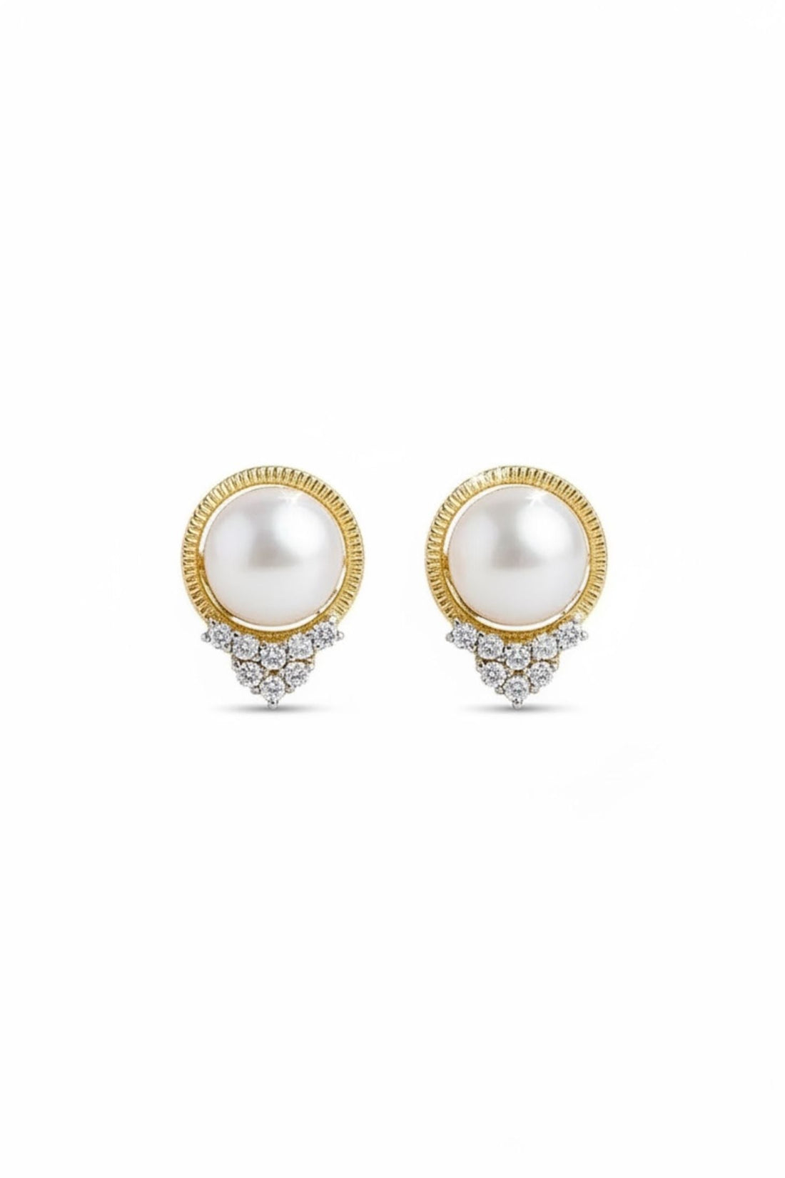 14k gold pearl and diamond earrings, round pearl with halo and teardrop cluster