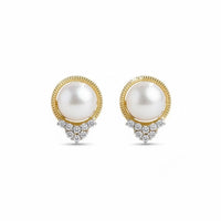 14k gold pearl and diamond earrings, round pearl with halo and teardrop cluster