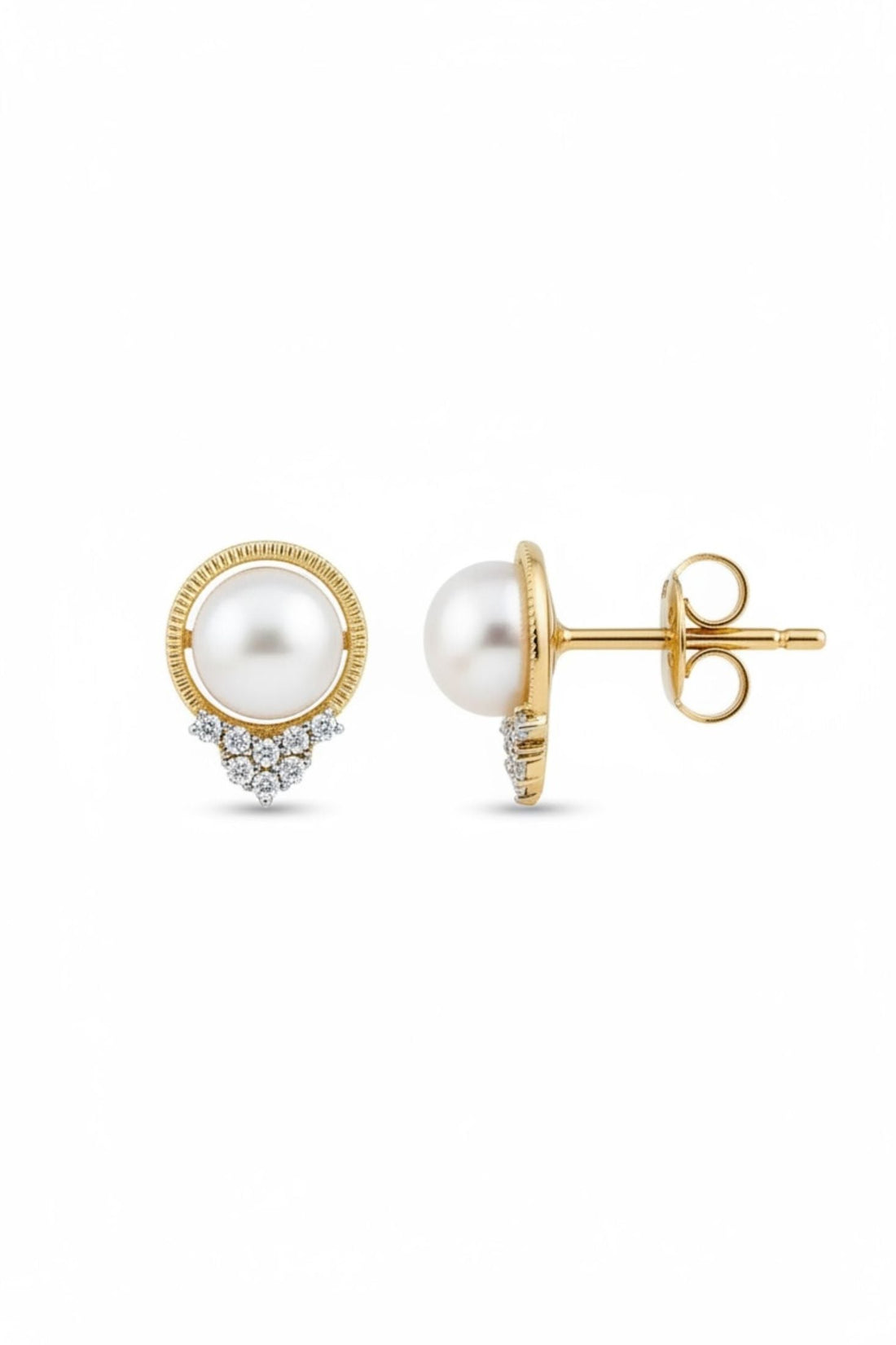 14k gold pearl and diamond stud earrings, round pearl with halo, visible post back