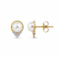 14k gold pearl and diamond stud earrings, round pearl with halo, visible post back