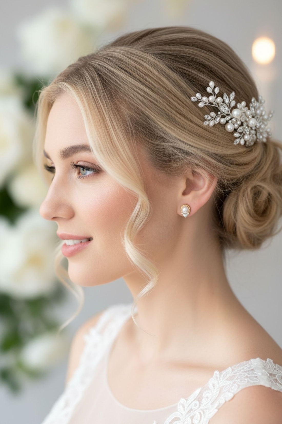 14k gold pearl and diamond earrings on model, round pearl halo with teardrop cluster