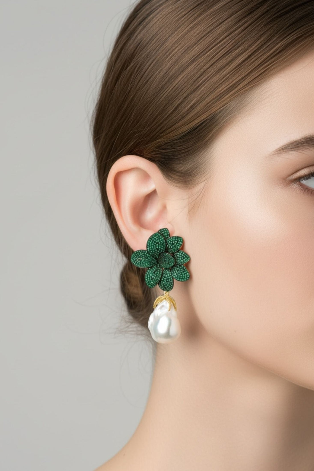 Green beaded flower earrings with baroque white pearl dangle