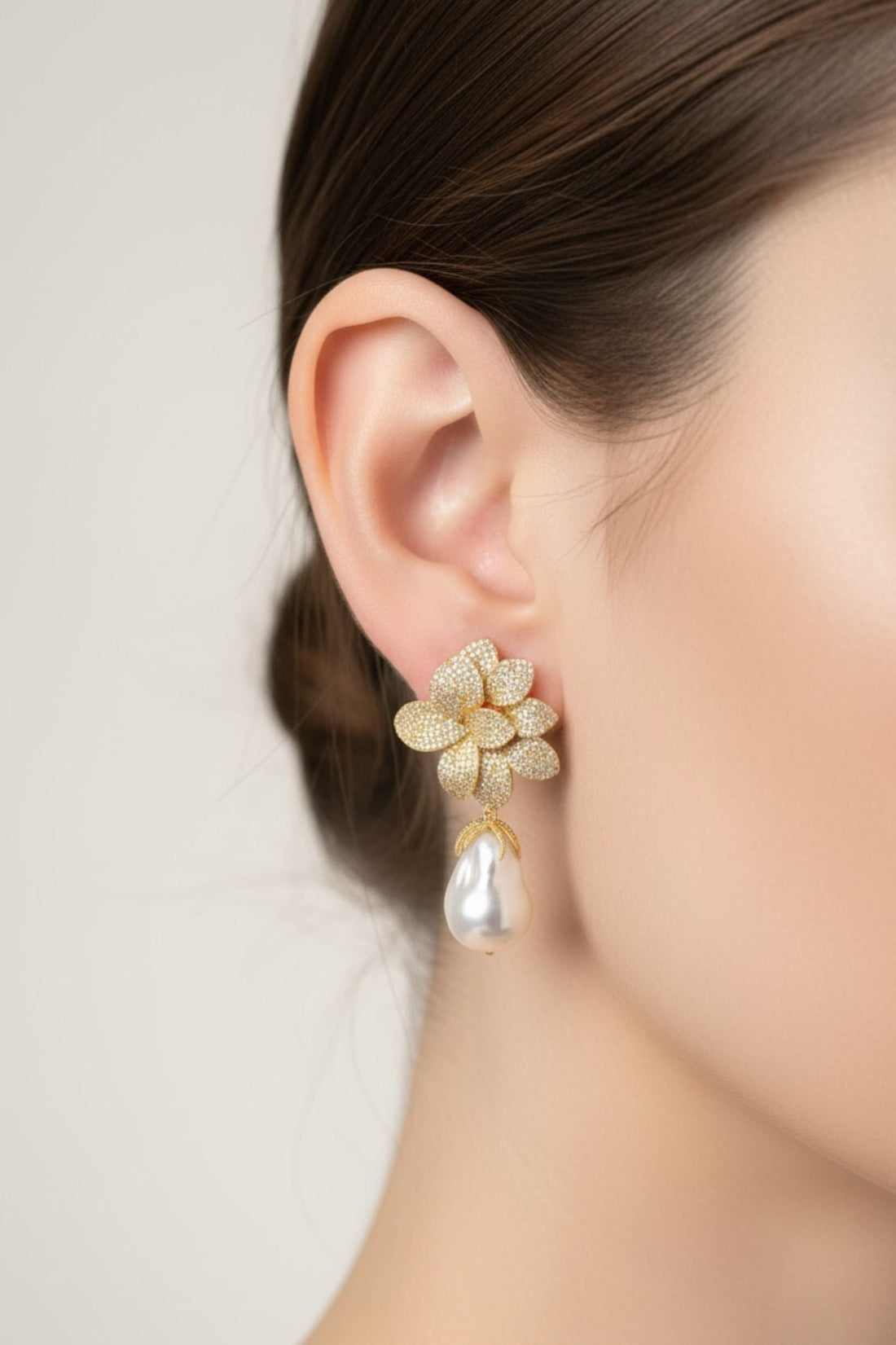 Amaryllis Flower Baroque Pearl Drop Earrings White Gold-1