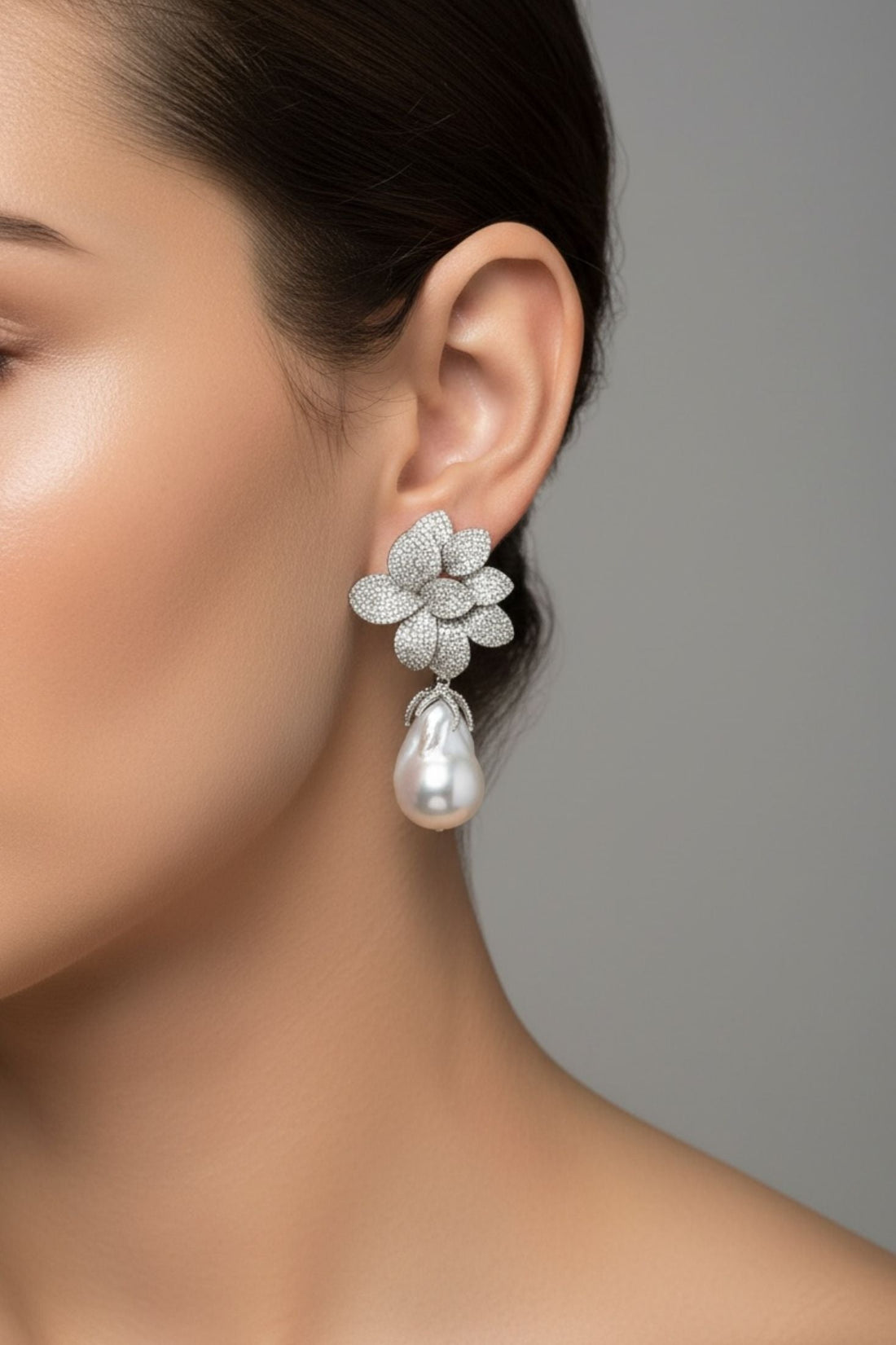 Amaryllis baroque pearl drop earrings with pavé floral stud in silver and white