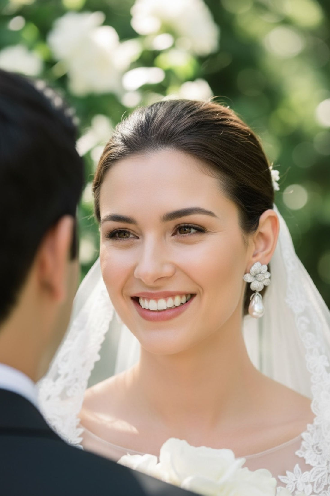 Pearl baroque flower drop earrings worn by bride