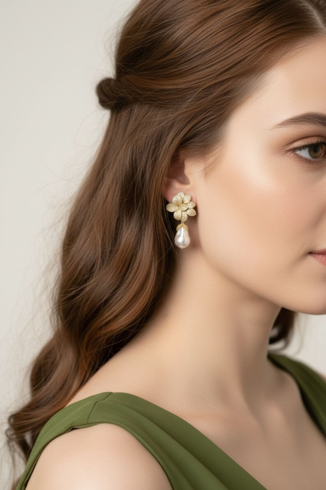 Amaryllis Flower Baroque Pearl Drop Earrings White Gold-4