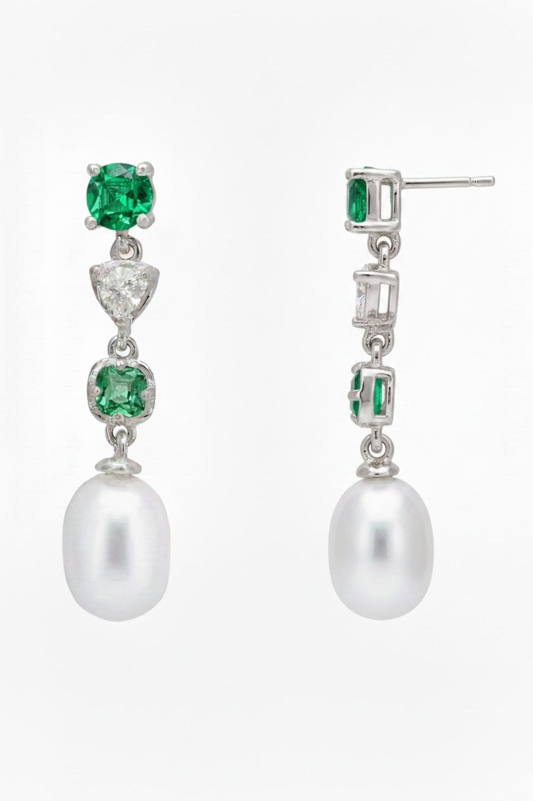 Silver drop earrings with green stones, white pearl drops and stud backs